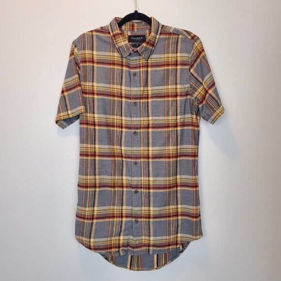 Pacsun Longer Fit‎ Plaid Gray Button-down Shirt Medium - Picture 1 of 4